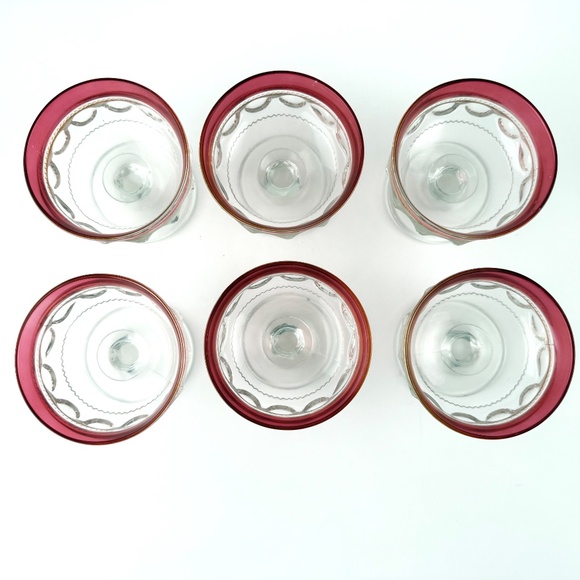 Vintage set of 6 Tiffin Kings Crown Thumbprint Coupe Glass, Cranberry Trim - Picture 4 of 5